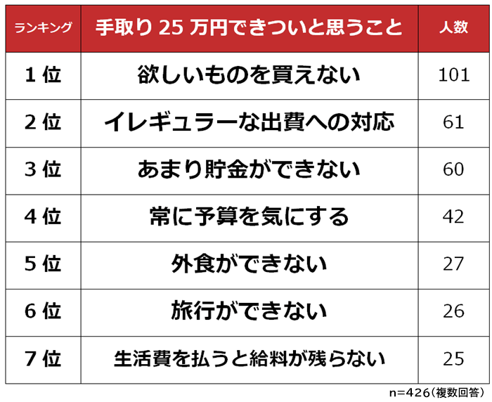 手取り25万円できついと思うことランキング (1)