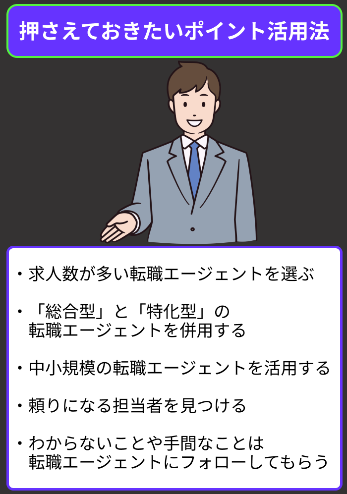 転職エージェントを利用する際に押さえておきたいポイントと活用法のイラスト